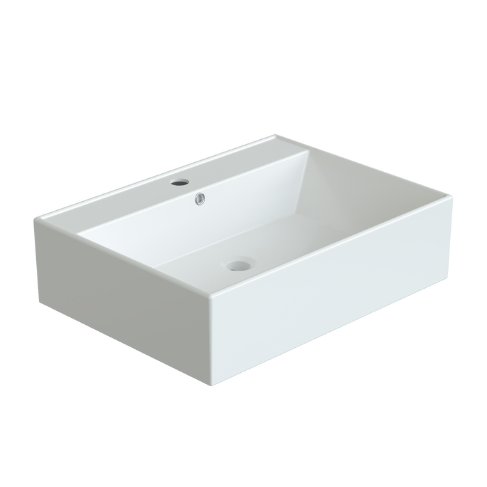 Waschbecken aus Keramik Weiß Eckig 59 x 44 cm Aufsatzwaschbecken für Waschtisch Unterschrank Waschplatz Gäste WC Hängewaschbecken Handwaschbecken mit Hahnloch Überlauf | OHNE Wasserhahn Ablaufventil