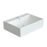 Waschbecken aus Keramik Weiß Eckig 59 x 44 cm Aufsatzwaschbecken für Waschtisch Unterschrank Waschplatz Gäste WC Hängewaschbecken Handwaschbecken mit Hahnloch Überlauf | OHNE Wasserhahn Ablaufventil