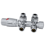 Multiblock für Badheizkörper Eckform inkl. Thermostatkopf mit Mittelanschluss, Ventil Armaturen Set Anschlussgarnitur mit Thermostat für Heizkörper, Chrom / Weiß