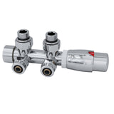 Multiblock für Badheizkörper Eckform inkl. Thermostatkopf mit Mittelanschluss, Ventil Armaturen Set Anschlussgarnitur mit Thermostat für Heizkörper, Chrom / Weiß