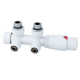 Multiblock für Badheizkörper Eckform inkl. Thermostatkopf mit Mittelanschluss, Ventil Armaturen Set Anschlussgarnitur mit Thermostat für Heizkörper, Chrom / Weiß