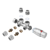 Multiblock für Badheizkörper Eckform inkl. Thermostatkopf mit Mittelanschluss, Ventil Armaturen Set Anschlussgarnitur mit Thermostat für Heizkörper, Chrom / Weiß