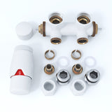 Multiblock für Badheizkörper Eckform inkl. Thermostatkopf mit Mittelanschluss, Ventil Armaturen Set Anschlussgarnitur mit Thermostat für Heizkörper, Chrom / Weiß