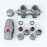 Multiblock für Badheizkörper Eckform inkl. Thermostatkopf mit Mittelanschluss, Ventil Armaturen Set Anschlussgarnitur mit Thermostat für Heizkörper, Chrom / Weiß