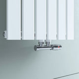 Multiblock für Badheizkörper Eckform inkl. Thermostatkopf mit Mittelanschluss, Ventil Armaturen Set Anschlussgarnitur mit Thermostat für Heizkörper, Chrom / Weiß