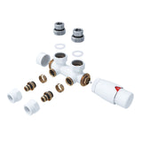 Multiblock für Badheizkörper Eckform inkl. Thermostatkopf mit Mittelanschluss, Ventil Armaturen Set Anschlussgarnitur mit Thermostat für Heizkörper, Chrom / Weiß