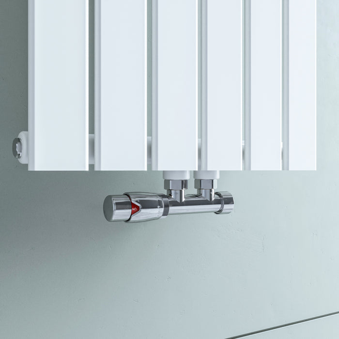 Multiblock für Badheizkörper Eckform inkl. Thermostatkopf mit Mittelanschluss, Ventil Armaturen Set Anschlussgarnitur mit Thermostat für Heizkörper, Chrom / Weiß