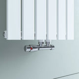 Multiblock für Badheizkörper Eckform inkl. Thermostatkopf mit Mittelanschluss, Ventil Armaturen Set Anschlussgarnitur mit Thermostat für Heizkörper, Chrom / Weiß