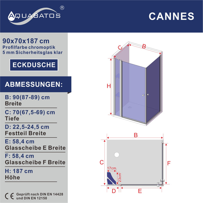 Duschkabine Eckeinstieg Eckdusche Schwingtür an Festteil mit Duschtür Doppeltüren Pendeltüren Drehtüren Eckduschwand Glas mit Duschablage 5 mm Klarglas Höhe 187 cm