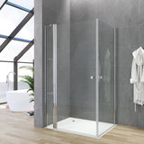 Duschkabine Eckeinstieg Eckdusche Schwingtür an Festteil mit Duschtür Doppeltüren Pendeltüren Drehtüren Eckduschwand Glas mit Duschablage 5 mm Klarglas Höhe 187 cm