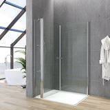 Duschkabine Eckeinstieg Eckdusche Schwingtür an Festteil mit Duschtür Doppeltüren Pendeltüren Drehtüren Eckduschwand Glas mit Duschablage 5 mm Klarglas Höhe 187 cm