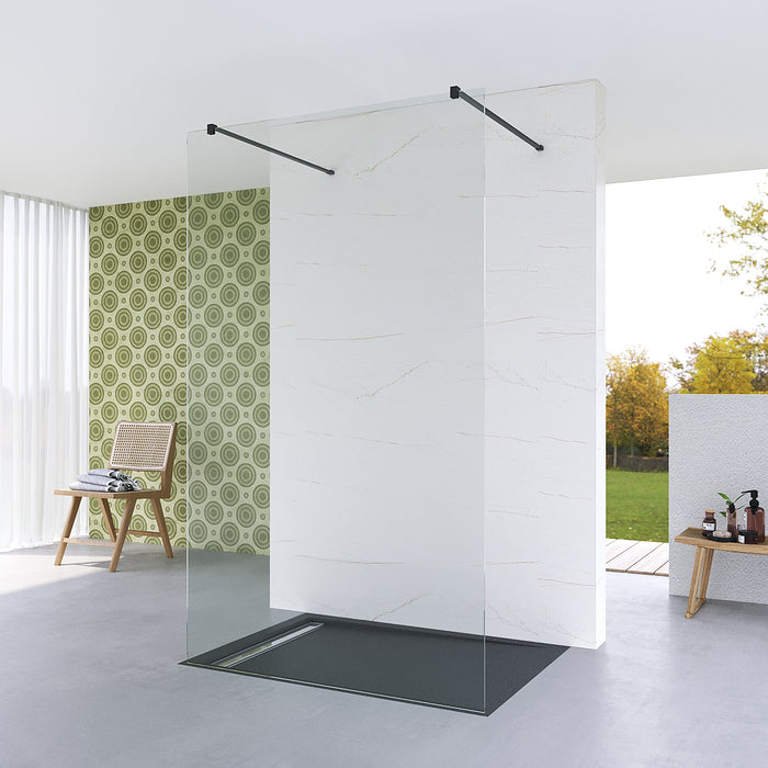 Walk in Duschwand Glas freistehend begehbare Dusche ebenerdige Klarglas 8 mm mit 90° Stabilisationsbügel schwarz matt