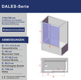 110 x 150 cm Badewannenaufsatz Schiebetür Duschabtrennung Glas Badewanne Duschwand Glaswand Trennwand Glas aus Sicherheitsglas mit Lotuseffekt Beschichtung
