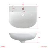 Waschbecken aus Keramik 44 x 36 cm Waschtisch Hängewaschbecken Halbrund Ovales Handwaschbecken Weiß Badezimmer Gäste WC mit Hahnloch Überlauf