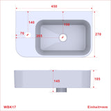 Waschbecken Keramik Waschtisch Hängewaschbecken klein Handwaschbecken Weiß Eckig 45 x 27 cm Badezimmer Gäste WC | Hahnloch Links | Überlauf | Stockschrauben | OHNE Wasserhahn | OHNE Ablaufventil