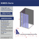 Walkin Dusche Duschwand Glas mit Festteil und Falttür Drehfalttür Duschabtrennung faltbar für Duschwanne Höhe 187 cm