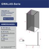Walk In Duschwand Duschabtrennung 8 mm ESG Grauglas mit Nanobeschichtung matt schwarzem Profil