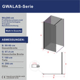 Walk In Duschwand Duschabtrennung 8 mm ESG Grauglas mit Nanobeschichtung matt schwarzem Profil