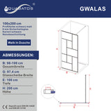 Walk in Dusche Duschwand Glas schwarz matt Echtglas 8 mm Dekor Kariert Nano Beschichtung 90° Stabilisator