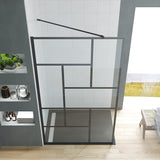 Walk in Dusche Duschwand Glas schwarz matt Echtglas 8 mm Dekor Kariert Nano Beschichtung verstellbarer Winkel Stabilisationsbügel