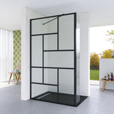 Walk in Dusche Schwarz matt Echtglas 8 mm Dekor Kariert verstellbarer Winkel Stabilisationsbügel 30 cm Spritzschutz Seitenteil