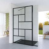 Walk in Dusche Schwarz matt Echtglas 8 mm Dekor Kariert verstellbarer Winkel Stabilisationsbügel 30 cm Spritzschutz Seitenteil