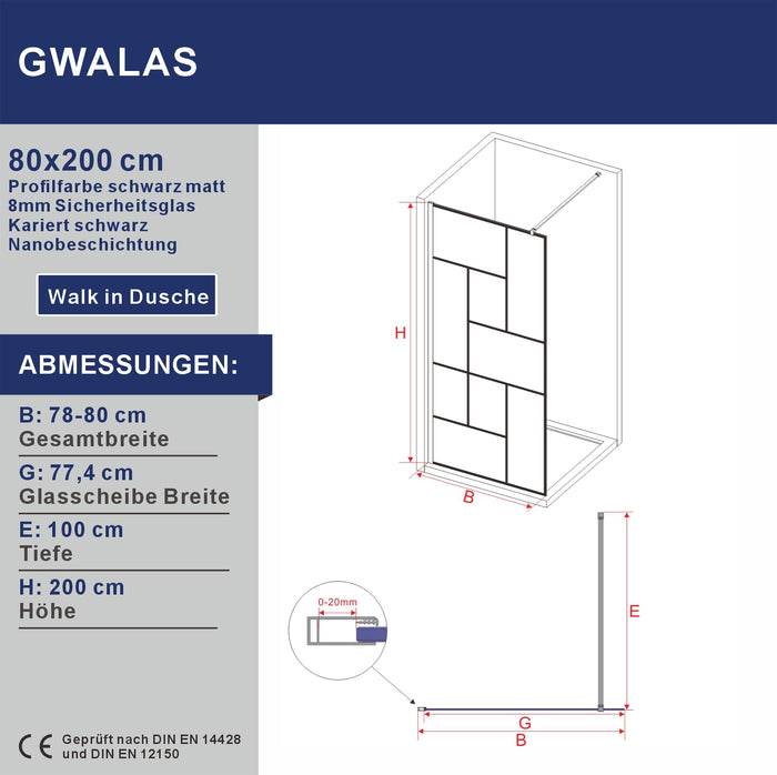 Walk in Dusche Duschwand Glas schwarz matt Echtglas 8 mm Dekor Kariert Nano Beschichtung 90° Stabilisator