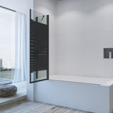 Duschwand Badewanne schwarz 150 x 140 cm Badewannenaufsatz 3 Teilig faltbar Duschtrennwand Faltwand Glas Festteil mit Eckregale Badewannenfaltwand Dusche 5 mm ESG Klarglas Nano Beleuchtung