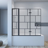 Duschwand Badewanne schwarz Dekor Kariert 150 x 140 cm Badewannenaufsatz 3 Teilig faltbar Duschtrennwand Faltwand Glas Festteil mit Ablage Badewannenfaltwand Dusche 5 mm ESG Klarglas Sicherheitsglas