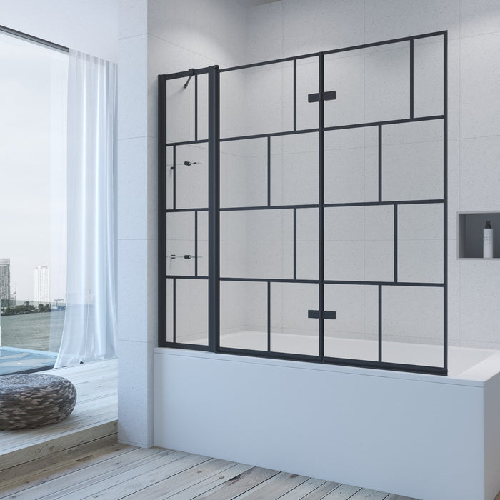 Duschwand Badewanne schwarz Dekor Kariert 150 x 140 cm Badewannenaufsatz 3 Teilig faltbar Duschtrennwand Faltwand Glas Festteil mit Ablage Badewannenfaltwand Dusche 5 mm ESG Klarglas Sicherheitsglas