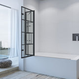 Duschwand Badewanne schwarz Dekor Kariert 150 x 140 cm Badewannenaufsatz 3 Teilig faltbar Duschtrennwand Faltwand Glas Festteil mit Ablage Badewannenfaltwand Dusche 5 mm ESG Klarglas Sicherheitsglas