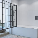 Duschwand Badewanne schwarz Dekor Kariert 150 x 140 cm Badewannenaufsatz 3 Teilig faltbar Duschtrennwand Faltwand Glas Festteil mit Ablage Badewannenfaltwand Dusche 5 mm ESG Klarglas Sicherheitsglas