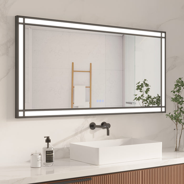 LED Badspiegel mit Beleuchtung 140x70 cm Schwarz Fensteroptik Aluminium Rahmen Fensterspiegel Touch Dimmbare Kaltweiß Beschlagfrei