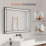 LED Badspiegel mit Beleuchtung 100x70 cm Schwarz Fensteroptik Aluminium Rahmen Fensterspiegel Touch Dimmbare Kaltweiß Beschlagfrei