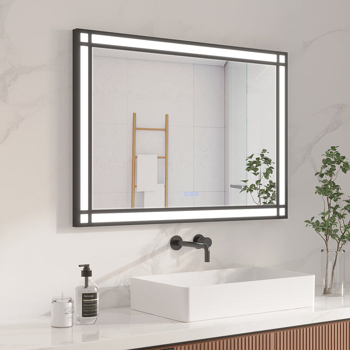 LED Badspiegel mit Beleuchtung 100x70 cm Schwarz Fensteroptik Aluminium Rahmen Fensterspiegel Touch Dimmbare Kaltweiß Beschlagfrei