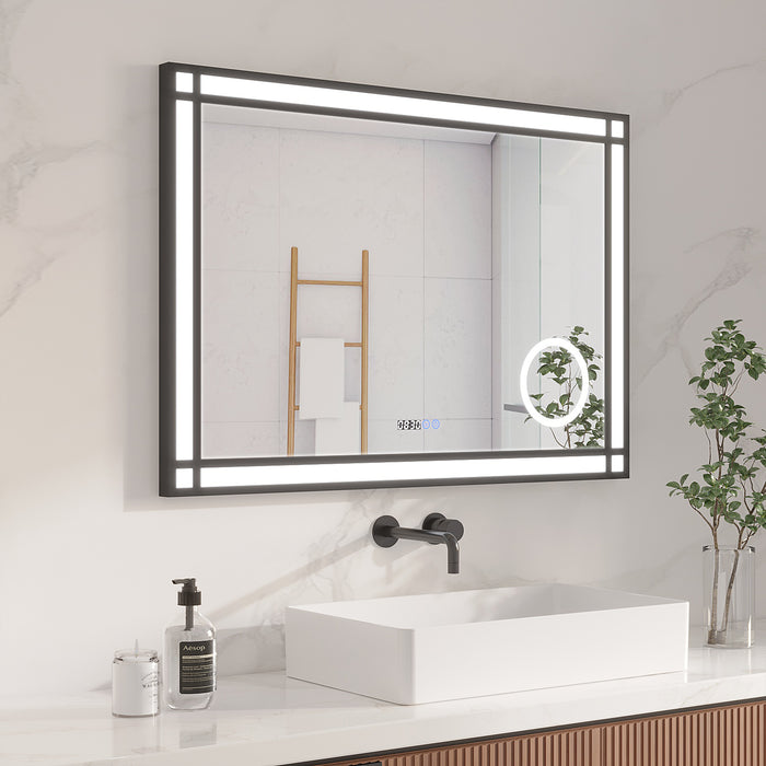 LED Badspiegel mit Beleuchtung 100x70 cm Schwarz Fensteroptik Aluminium Rahmen Schminkspiegel Touch Dimmbare Kaltweiß Beschlagfrei