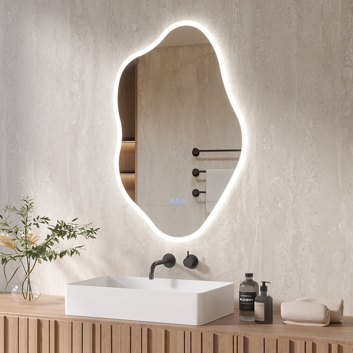 Badspiegel mit Beleuchtung unregelmäßige Form 90 x 60 cm LED Badezimmerspiegel Wolkenform 3 Lichtfarben Dimmbar Spiegelheizung Antibeschlag Touch Schalter