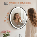 Badspiegel mit Beleuchtung Rund Schwarz matt 60 cm LED Schminkspiegel Uhr Dimmbar Touch Kaltweiß Aluminiumrahmen