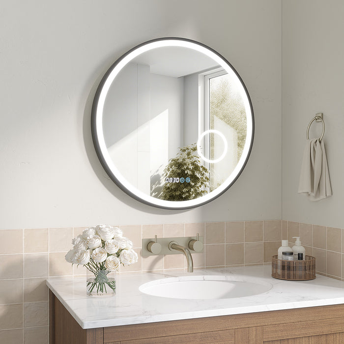 Badspiegel mit Beleuchtung Rund Schwarz matt 60 cm LED Schminkspiegel Uhr Dimmbar Touch Kaltweiß Aluminiumrahmen