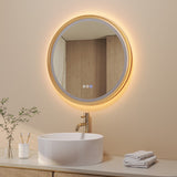 Badspiegel mit Beleuchtung Rund 60 cm Aluminiumrahmen Gebürstetes Gold direkter und indirekter LED-Beleuchtung Antibeschlag Touch Schalter dimmbar