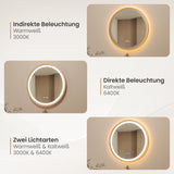 Badspiegel mit Beleuchtung Rund 60 cm Aluminiumrahmen Gebürstetes Gold direkter und indirekter LED-Beleuchtung Antibeschlag Touch Schalter dimmbar