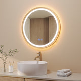 Badspiegel mit Beleuchtung Rund 60 cm Aluminiumrahmen Gebürstetes Gold direkter und indirekter LED-Beleuchtung Antibeschlag Touch Schalter dimmbar
