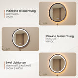 Badspiegel mit Beleuchtung Rund 60 cm Aluminiumrahmen schwarz matt direkte und indirekte LED-Beleuchtung Antibeschlag Touch Schalter dimmbar