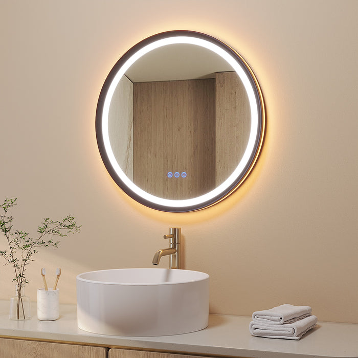 Badspiegel mit Beleuchtung Rund 60 cm Aluminiumrahmen schwarz matt direkte und indirekte LED-Beleuchtung Antibeschlag Touch Schalter dimmbar