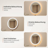 Badspiegel mit Beleuchtung Rund 60 cm weiß matt Antibeschlag dimmbar