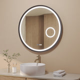 Badspiegel mit Vergrößerung und Beleuchtung Rund 80 cm Aluminium Rahmen schwarz matt Uhr Spiegelheizung Touch dimmbar