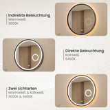 Badspiegel mit Vergrößerung und Beleuchtung Rund 80 cm Aluminium Rahmen schwarz matt Uhr Spiegelheizung Touch dimmbar