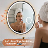 Badspiegel mit Vergrößerung und Beleuchtung Rund 80 cm Aluminium Rahmen schwarz matt Uhr Spiegelheizung Touch dimmbar
