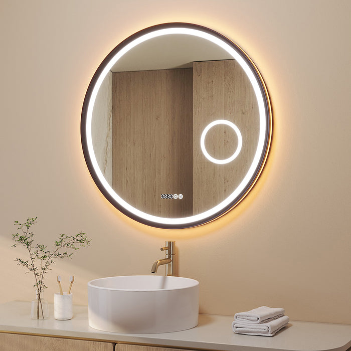 Badspiegel mit Vergrößerung und Beleuchtung Rund 80 cm Aluminium Rahmen schwarz matt Uhr Spiegelheizung Touch dimmbar
