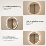 Badspiegel mit Beleuchtung Rund 80 cm weiß matt direkte und indirekte LED-Beleuchtung Kosmetikspiegel Uhr Antibeschlag Touch dimmbar